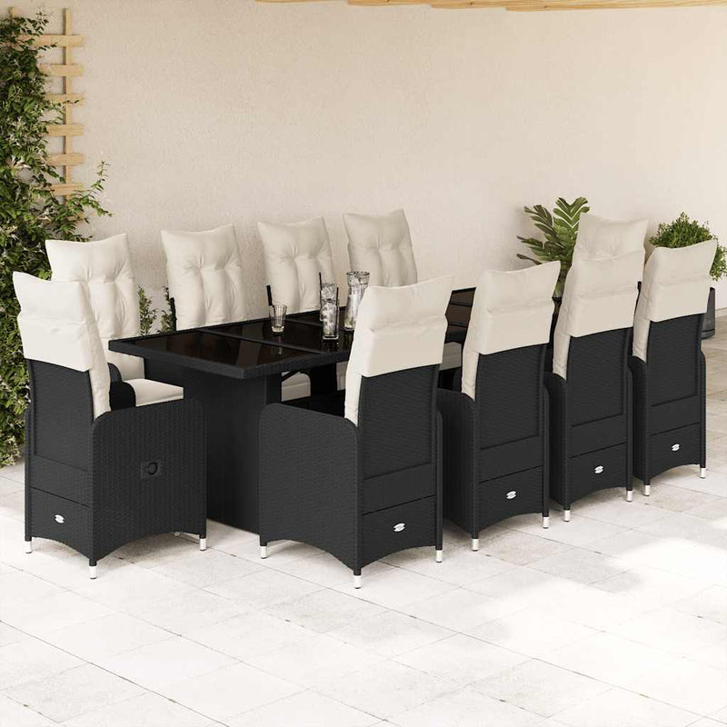 11 Piece Garden Bistro Set with Cushions Black Poly Rattan