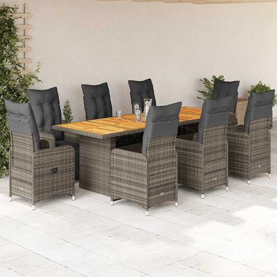 9 Piece Garden Bistro Set with Cushions Grey Poly Rattan