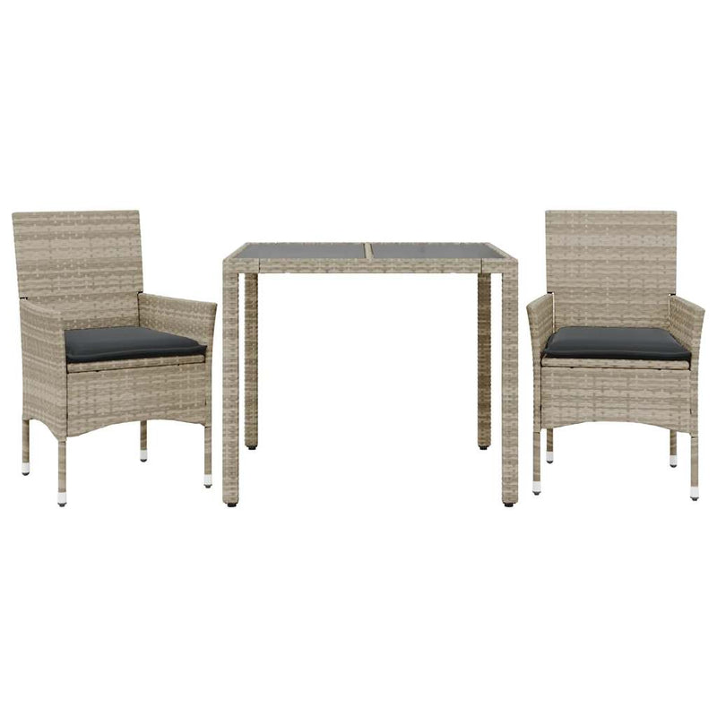 3 Piece Garden Dining Set with Cushions Light Grey Poly Rattan and Glass