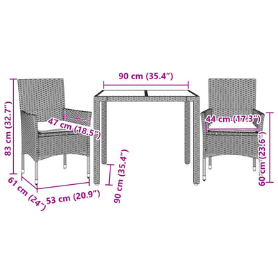 3 Piece Garden Dining Set with Cushions Light Grey Poly Rattan and Glass