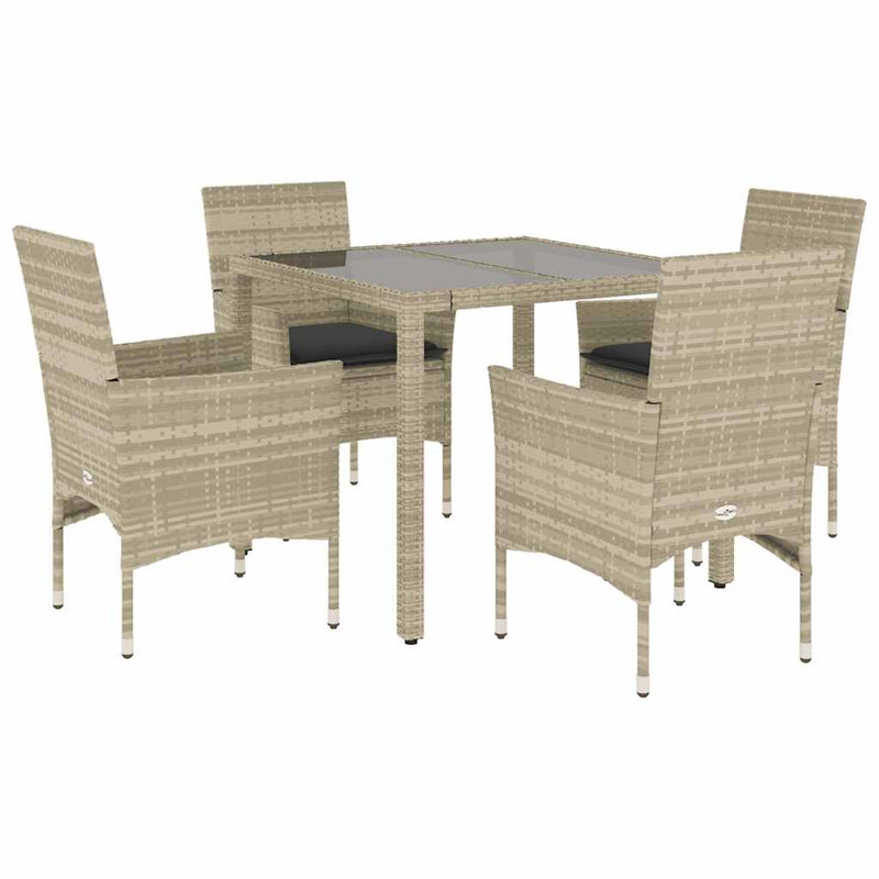 5 Piece Garden Dining Set with Cushions Light Grey Poly Rattan and Glass