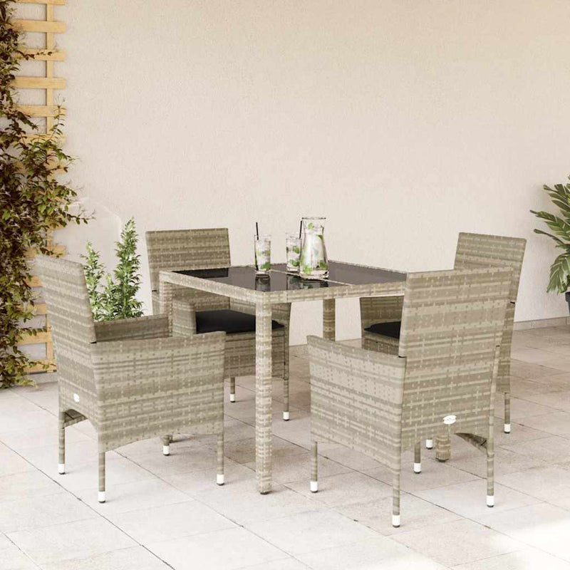 5 Piece Garden Dining Set with Cushions Light Grey Poly Rattan and Glass