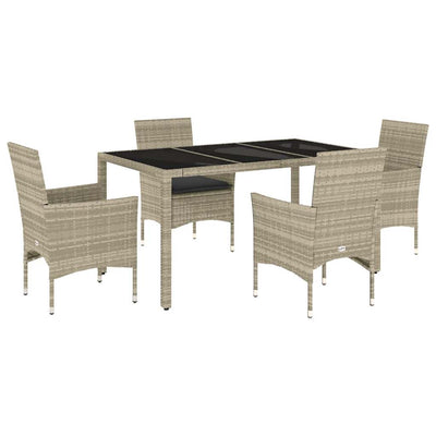 5 Piece Garden Dining Set with Cushions Light Grey Poly Rattan and Glass