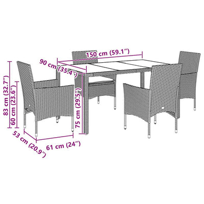 5 Piece Garden Dining Set with Cushions Light Grey Poly Rattan and Glass