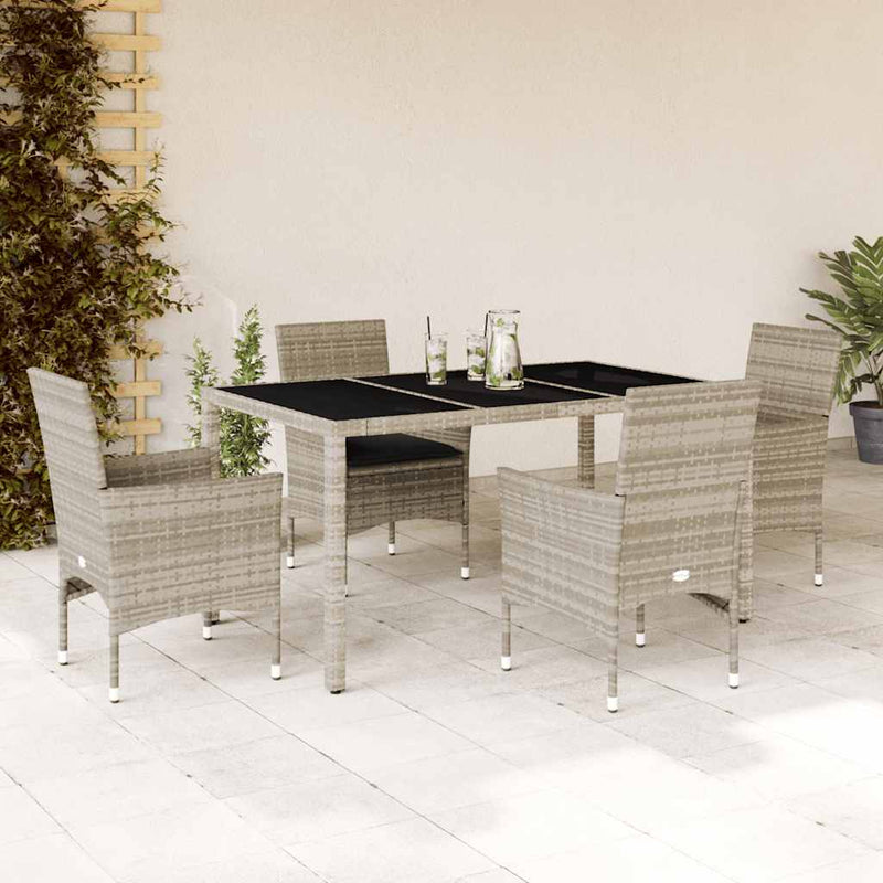 5 Piece Garden Dining Set with Cushions Light Grey Poly Rattan and Glass