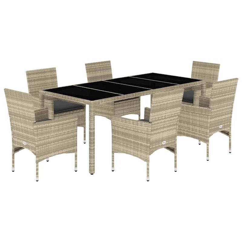 7 Piece Garden Dining Set with Cushions Light Grey Poly Rattan and Glass