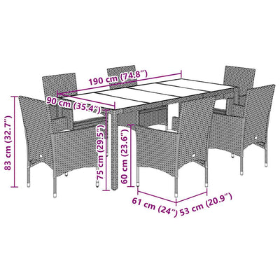 7 Piece Garden Dining Set with Cushions Light Grey Poly Rattan and Glass