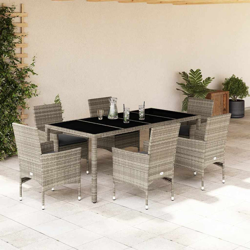 7 Piece Garden Dining Set with Cushions Light Grey Poly Rattan and Glass