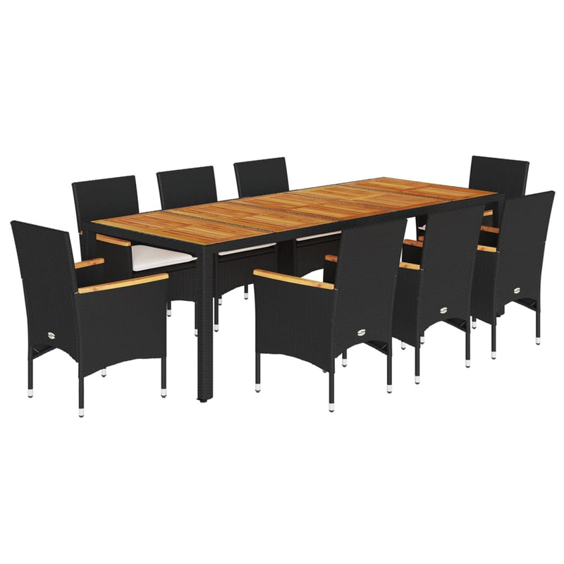 9 Piece Garden Dining Set with Cushions Black Poly Rattan and Acacia