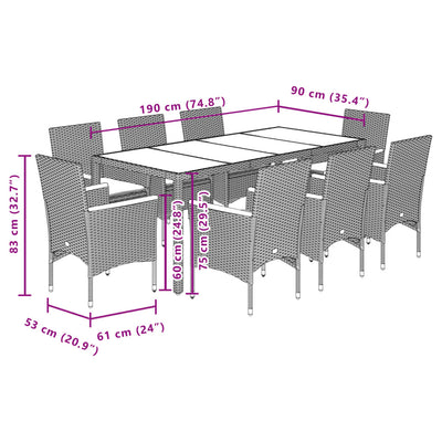 9 Piece Garden Dining Set with Cushions Black Poly Rattan and Acacia