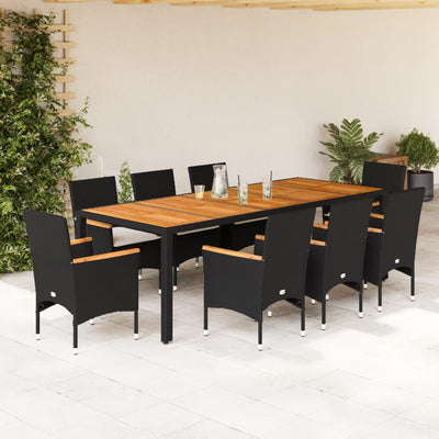 9 Piece Garden Dining Set with Cushions Black Poly Rattan and Acacia