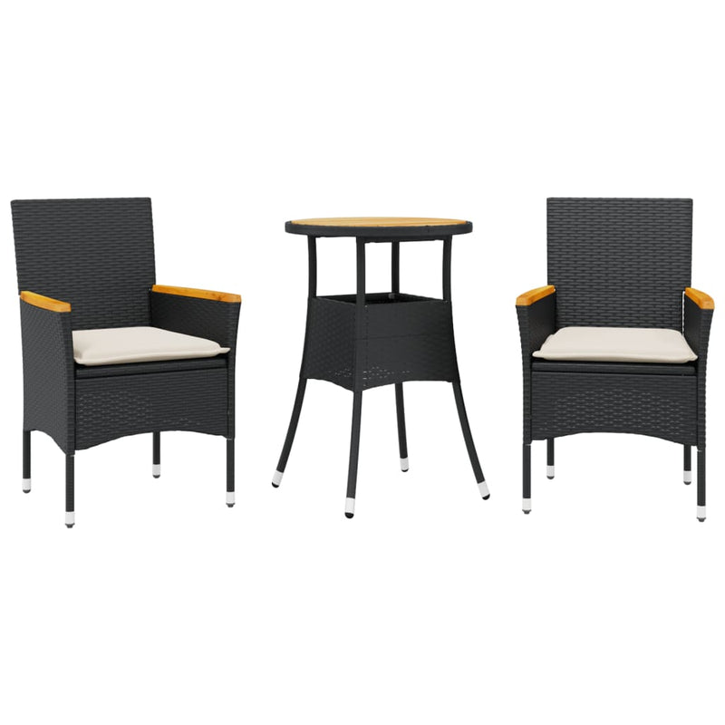 3 Piece Garden Dining Set with Cushions Black Poly Rattan and Acacia