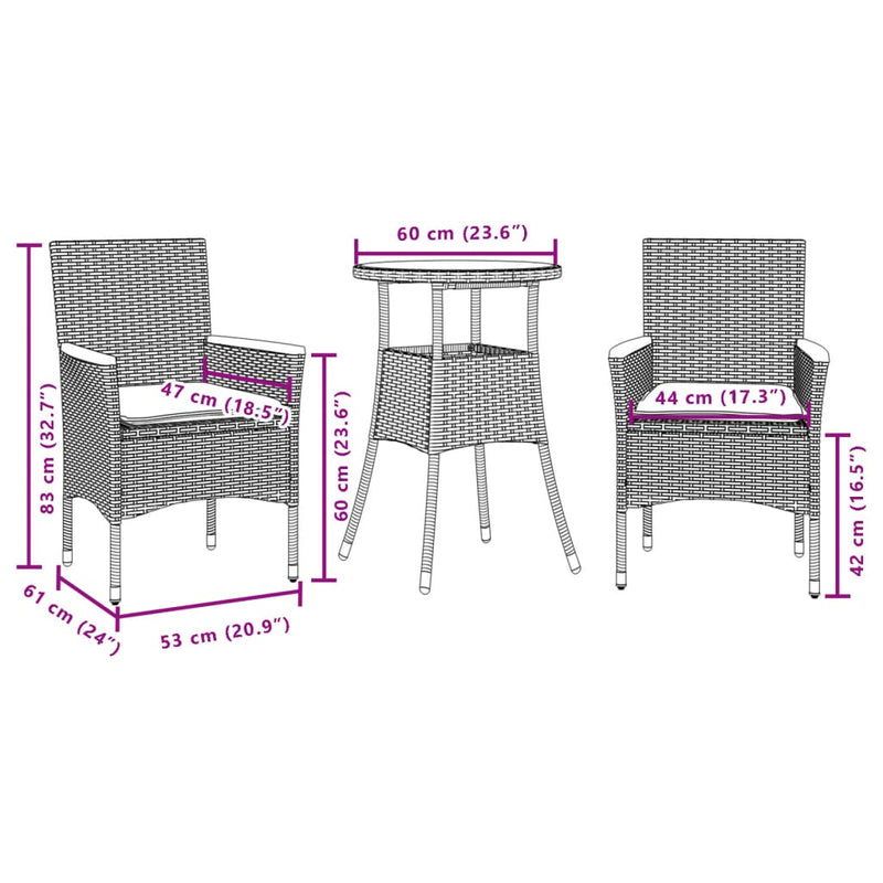 3 Piece Garden Dining Set with Cushions Black Poly Rattan and Acacia