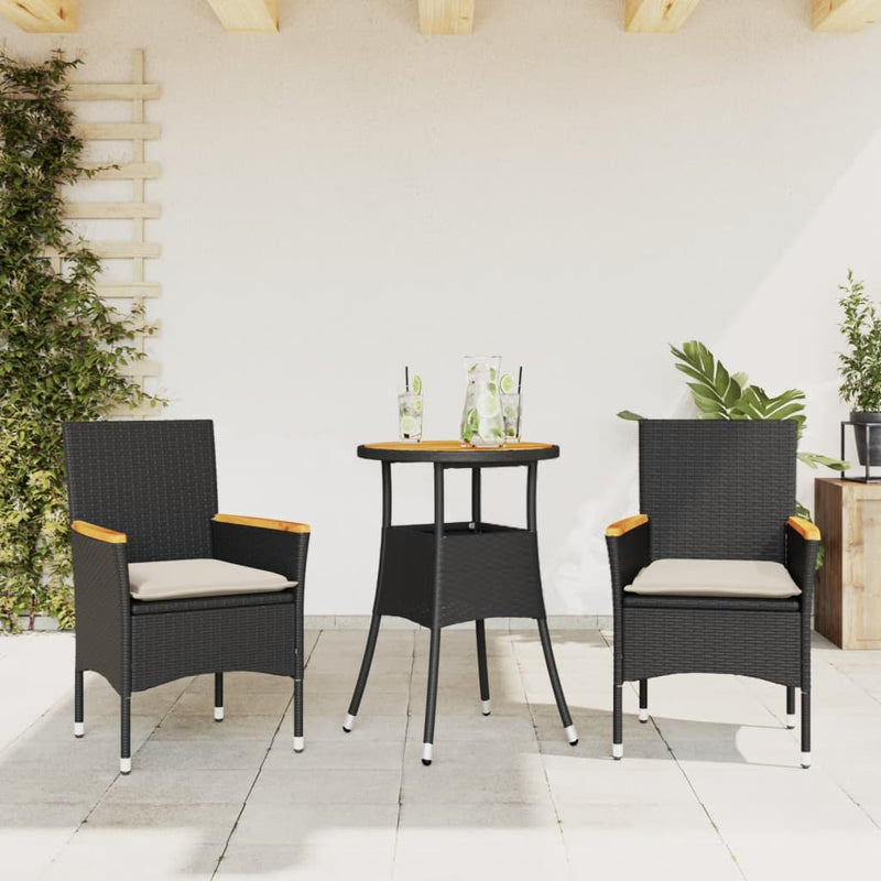 3 Piece Garden Dining Set with Cushions Black Poly Rattan and Acacia