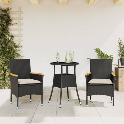 3 Piece Garden Dining Set with Cushions Black Poly Rattan and Glass