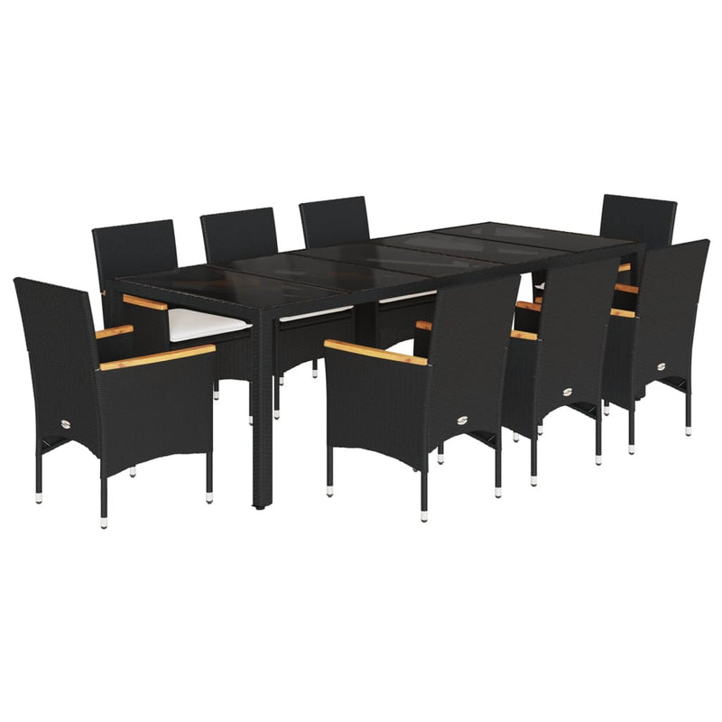 9 Piece Garden Dining Set with Cushions Black Poly Rattan and Glass