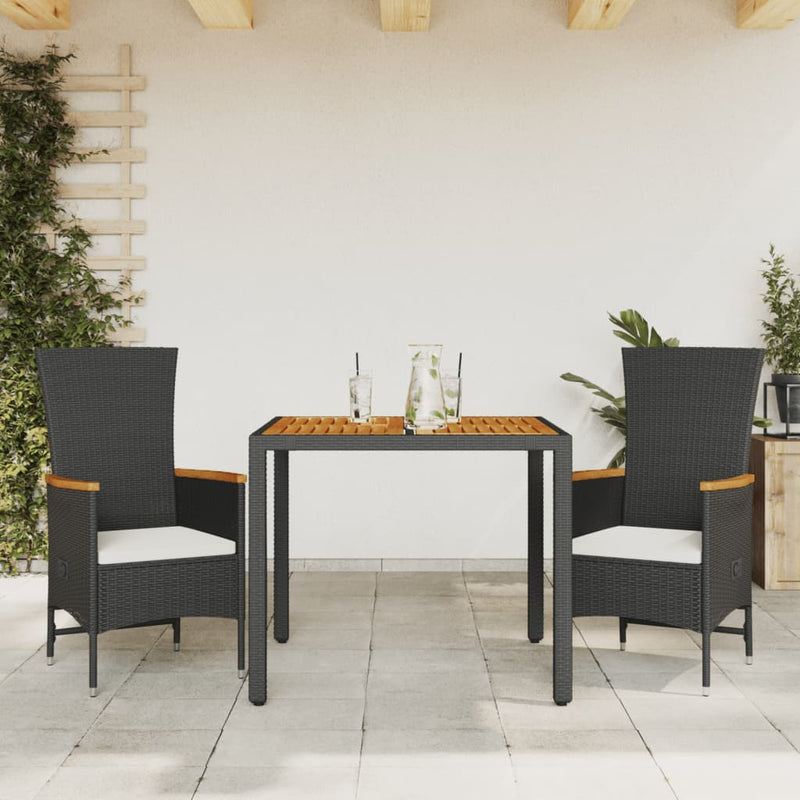 3 Piece Garden Dining Set with Cushions Black Poly Rattan