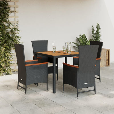 5 Piece Garden Dining Set with Cushions Black Poly Rattan