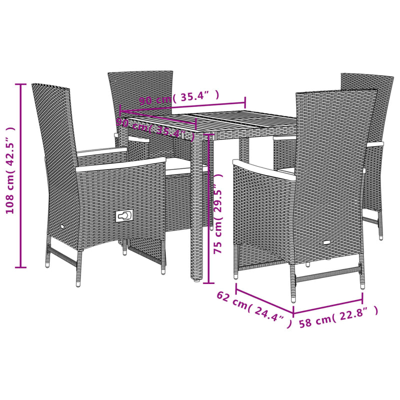 5 Piece Garden Dining Set with Cushions Black Poly Rattan