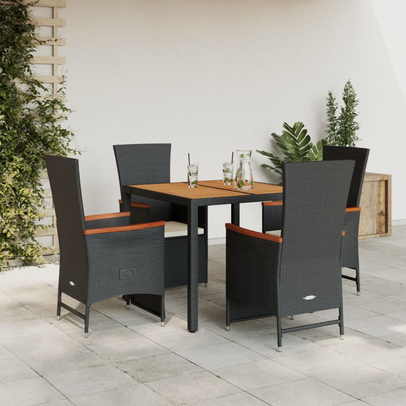 5 Piece Garden Dining Set with Cushions Black Poly Rattan