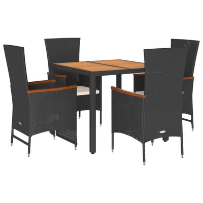 5 Piece Garden Dining Set with Cushions Black Poly Rattan