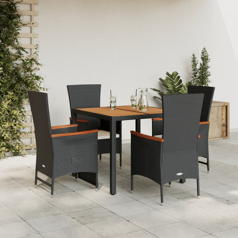 5 Piece Garden Dining Set with Cushions Black Poly Rattan