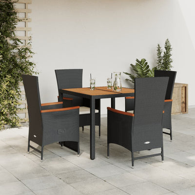 5 Piece Garden Dining Set with Cushions Black Poly Rattan