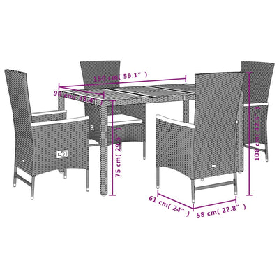 5 Piece Garden Dining Set with Cushions Black Poly Rattan