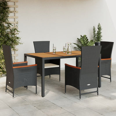 5 Piece Garden Dining Set with Cushions Black Poly Rattan