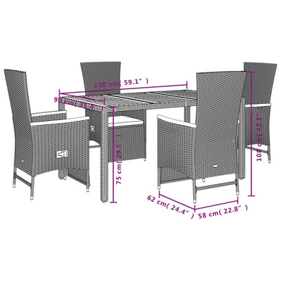 5 Piece Garden Dining Set with Cushions Black Poly Rattan