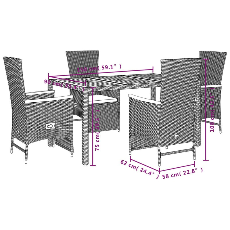 5 Piece Garden Dining Set with Cushions Black Poly Rattan