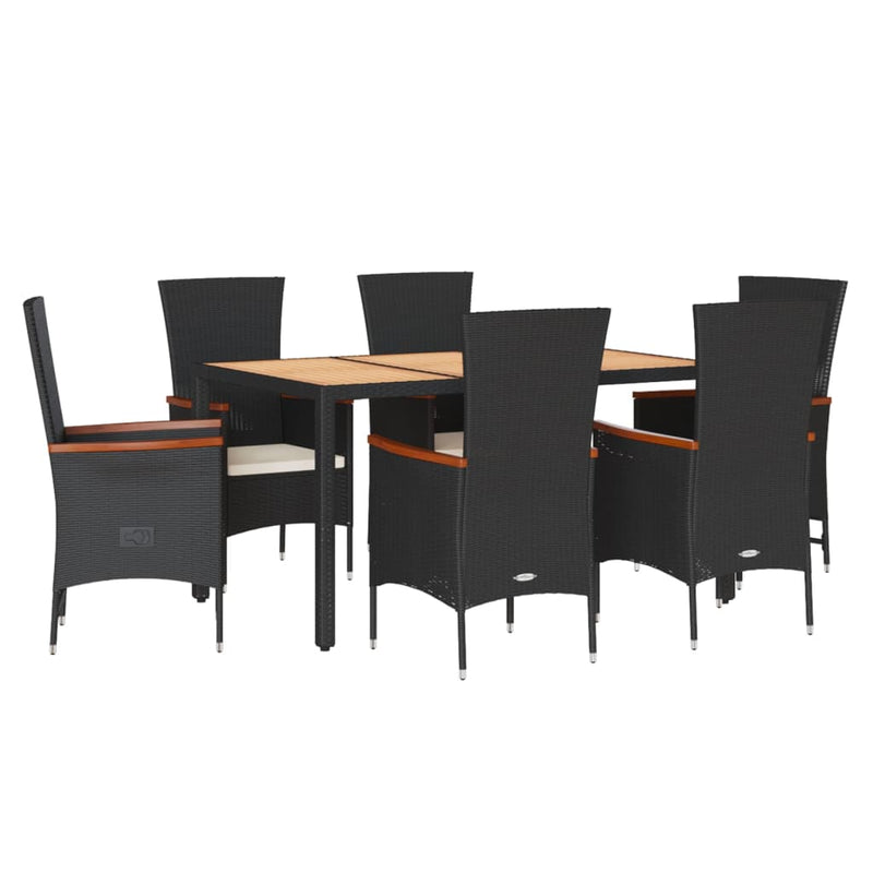 7 Piece Garden Dining Set with Cushions Black Poly Rattan