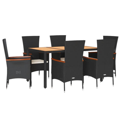 7 Piece Garden Dining Set with Cushions Black Poly Rattan