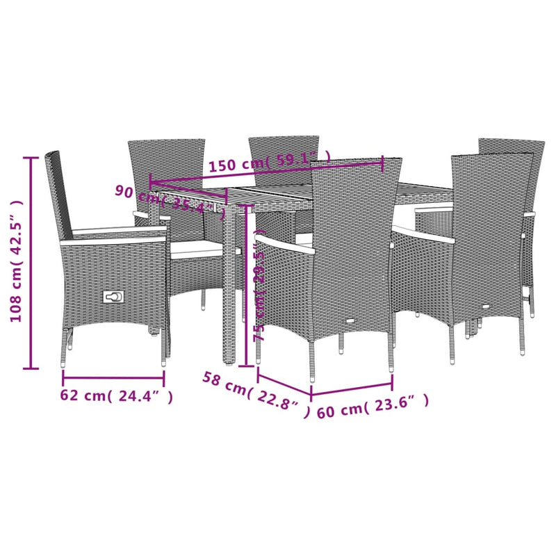 7 Piece Garden Dining Set with Cushions Black Poly Rattan