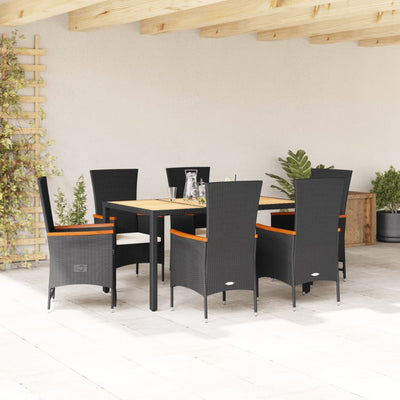 7 Piece Garden Dining Set with Cushions Black Poly Rattan