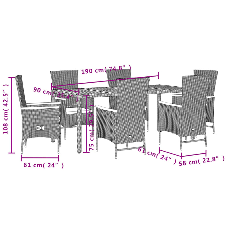 7 Piece Garden Dining Set with Cushions Black Poly Rattan