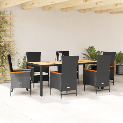 7 Piece Garden Dining Set with Cushions Black Poly Rattan