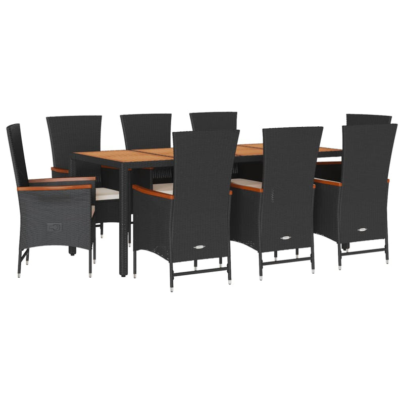 9 Piece Garden Dining Set with Cushions Black Poly Rattan