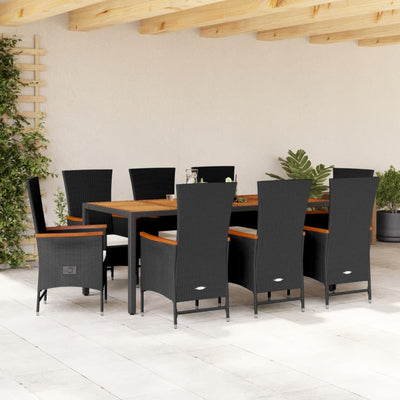 9 Piece Garden Dining Set with Cushions Black Poly Rattan