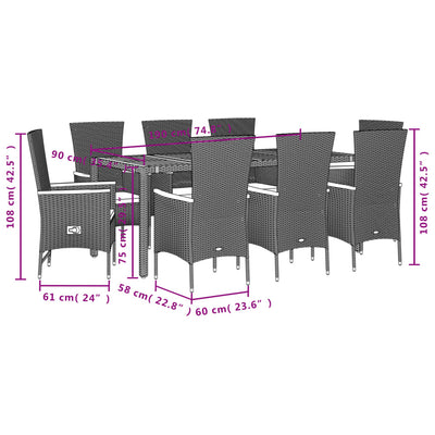 9 Piece Garden Dining Set with Cushions Black Poly Rattan