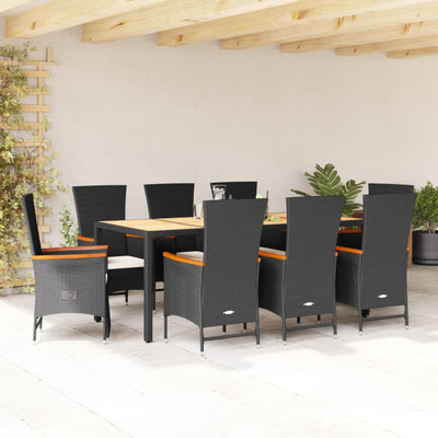 9 Piece Garden Dining Set with Cushions Black Poly Rattan