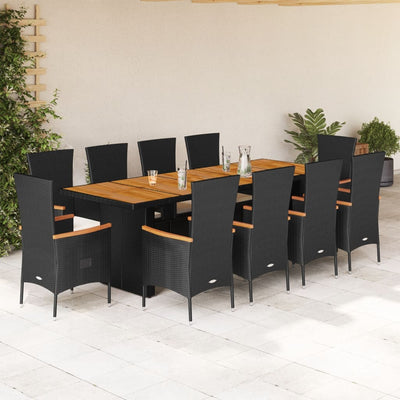 11 Piece Garden Dining Set with Cushions Black Poly Rattan