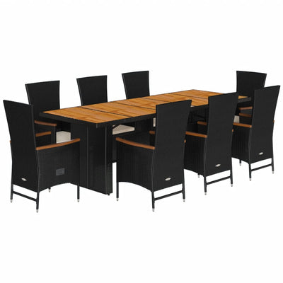 9 Piece Garden Dining Set with Cushions Black Poly Rattan