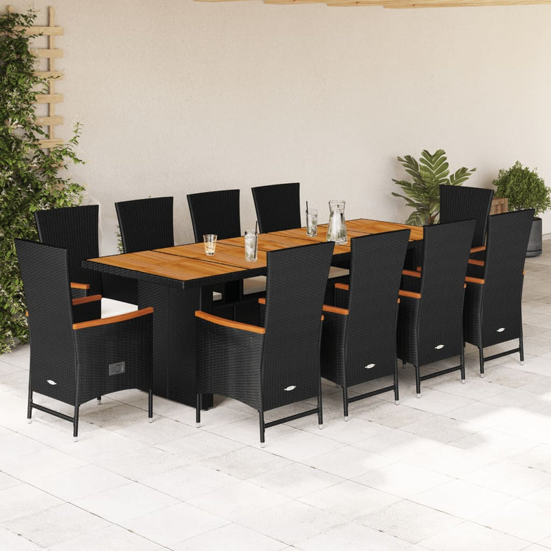 11 Piece Garden Dining Set with Cushions Black Poly Rattan