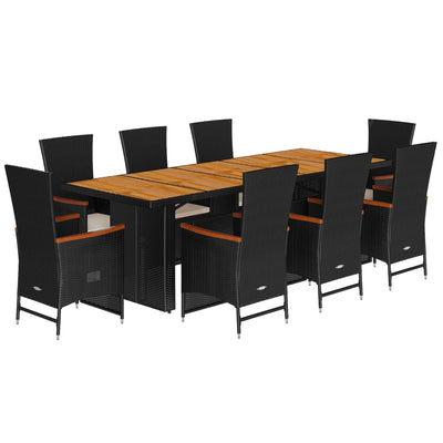 9 Piece Garden Dining Set with Cushions Black Poly Rattan