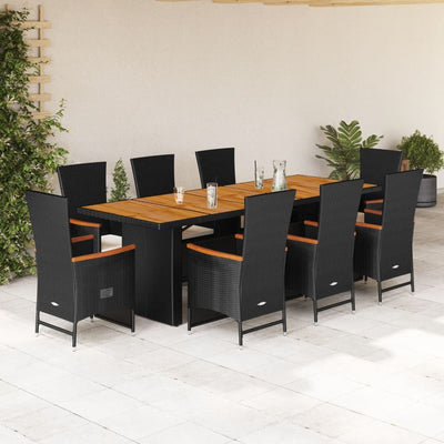 9 Piece Garden Dining Set with Cushions Black Poly Rattan