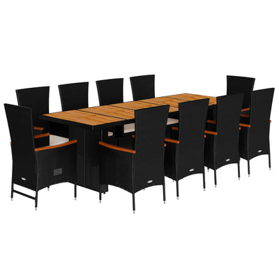 11 Piece Garden Dining Set with Cushions Black Poly Rattan