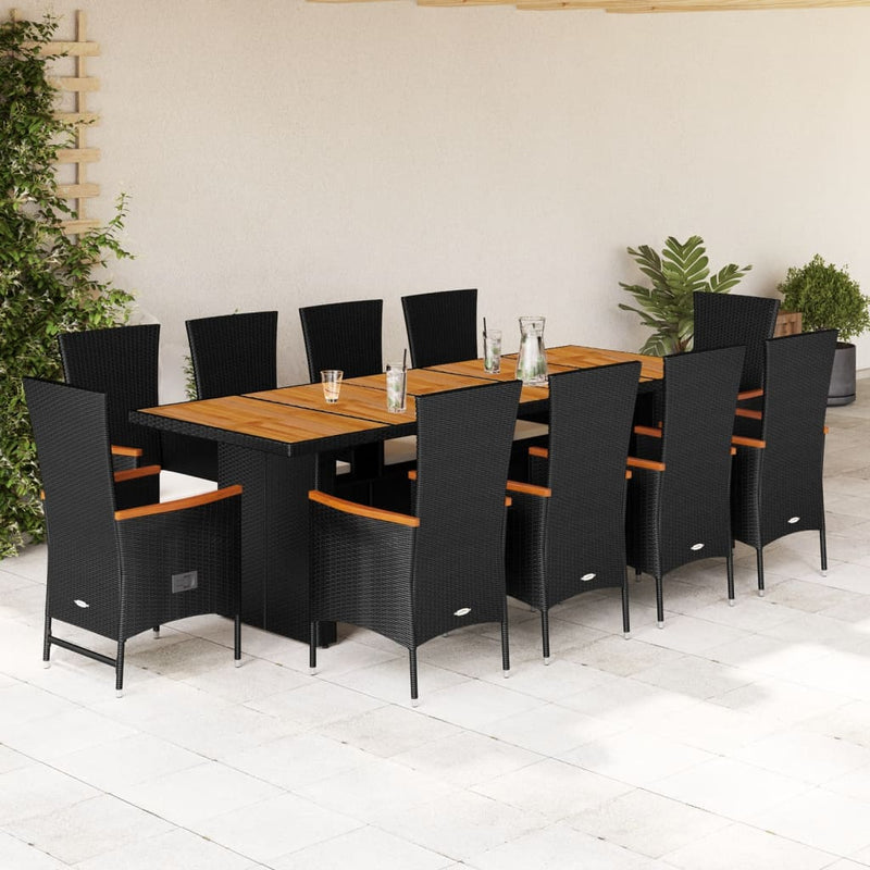 11 Piece Garden Dining Set with Cushions Black Poly Rattan