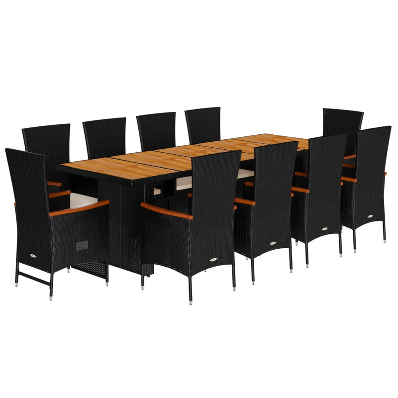 11 Piece Garden Dining Set with Cushions Black Poly Rattan