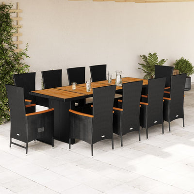 11 Piece Garden Dining Set with Cushions Black Poly Rattan